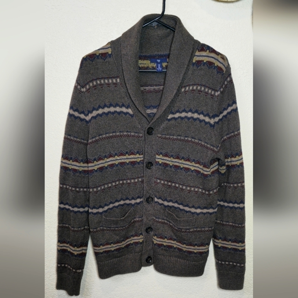 Gap Sweater Mens Medium Gray Shawl Cardigan Button Up Western Navajo Knit Hiking
